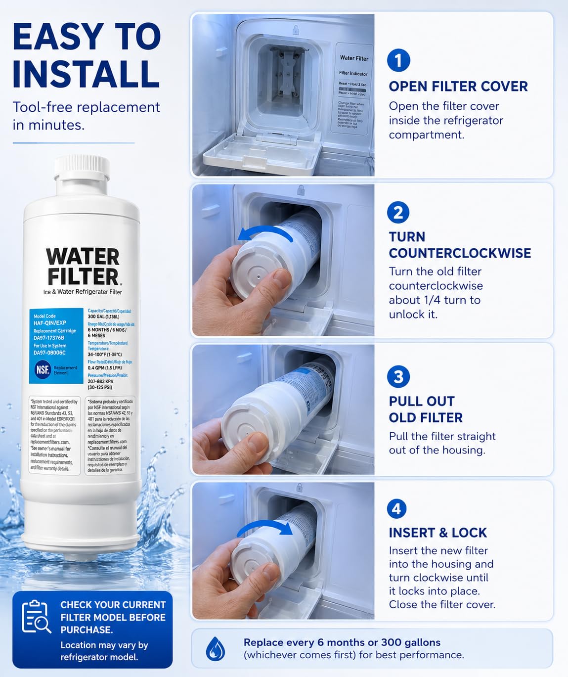 Water Filter Replacement for Samsung DA97-17376B, HAF-Qin/EXP, 1 Pack, White